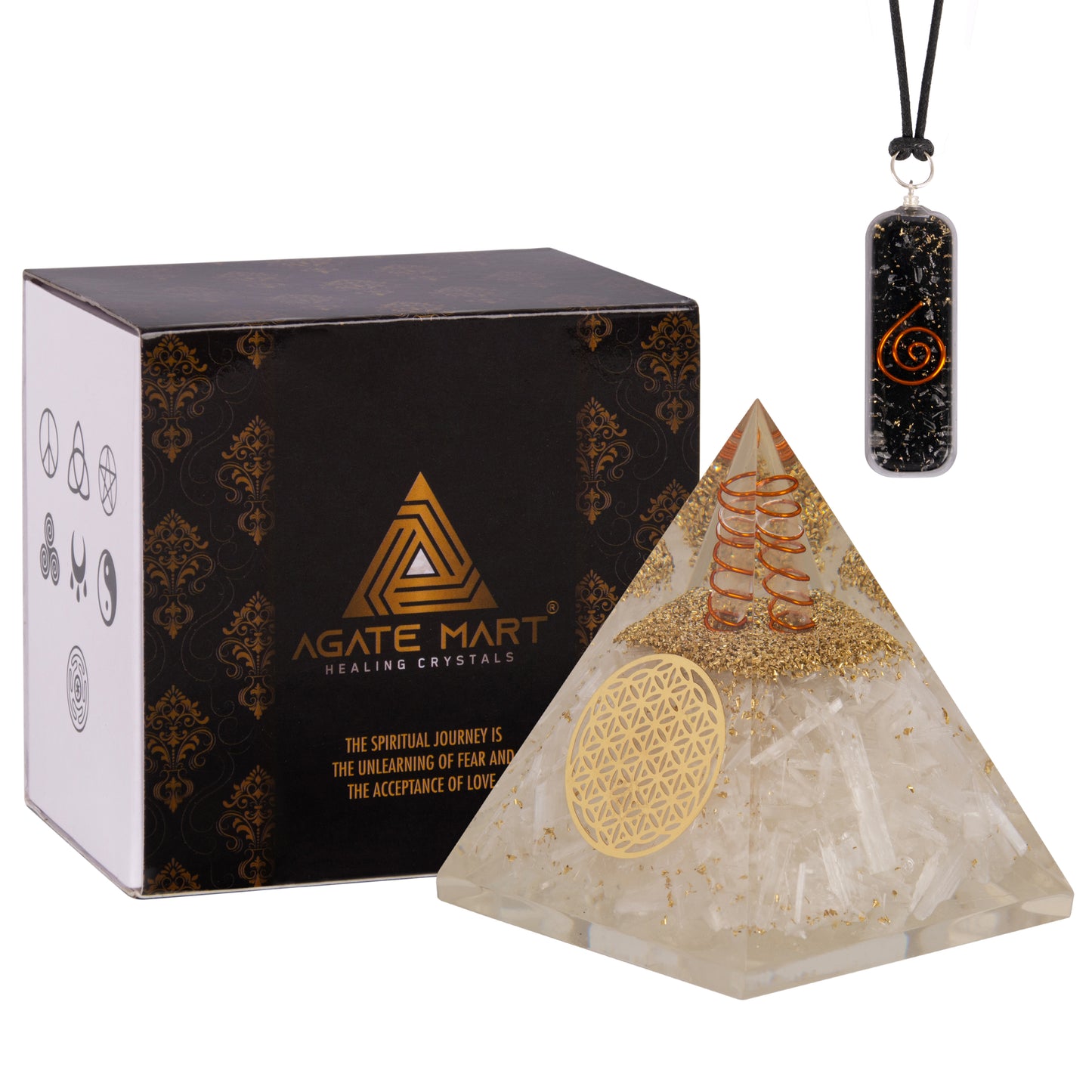 Agate Mart Selenite Orgonite Pyramids, Harnessing Clarity and Protection with Black Tourmaline Pendant